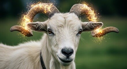 Majestic white goat with illuminated horns in natural environment portrait