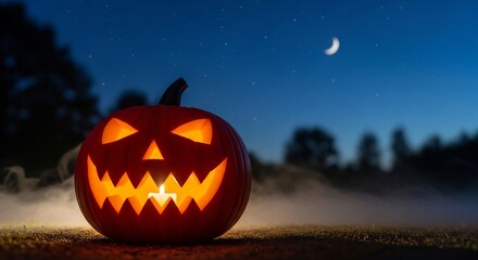 Lit jackolantern glows at night with stars moon and ground fog