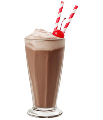 Creamy chocolate milkshake in tall glass topped with cherry and red striped straws isolated on transparent background.