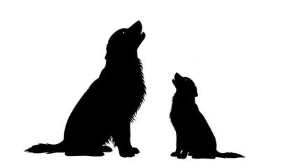 Silhouette of two dogs howling upward against white background