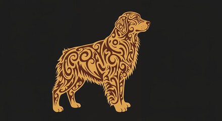 Stylized dog illustration with ornamental pattern on black background