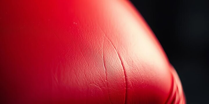 Close-up of a worn red boxing glove, leather texture visible, sport, strength