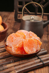 Candied Persimmon Fruit Slices in Wooden Bowl Traditional Asian Tea Setting
