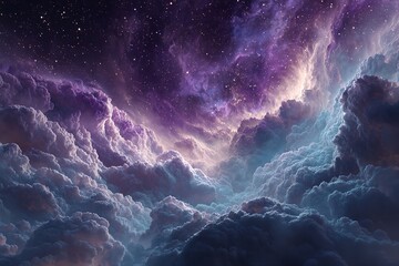 Deep space cosmic abstract background with dramatic purple nebula clouds and glowing blue-teal stellar dust