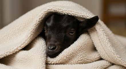 Young black goat wrapped in soft blanket cozy animal portrait