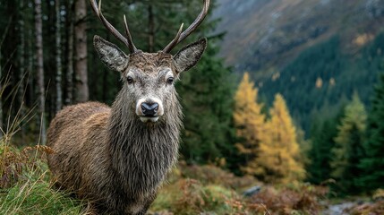 Fototapeta premium Deer stands in a forest with trees and mountains in the background.