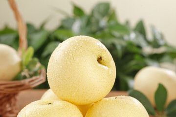 Fresh White Crown Pears from Hebei Province with Water Droplets in Wicker Basket