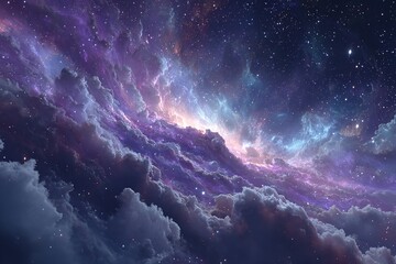 Celestial cosmic background with glowing violet nebula and majestic starry night sky layered over terrestrial clouds