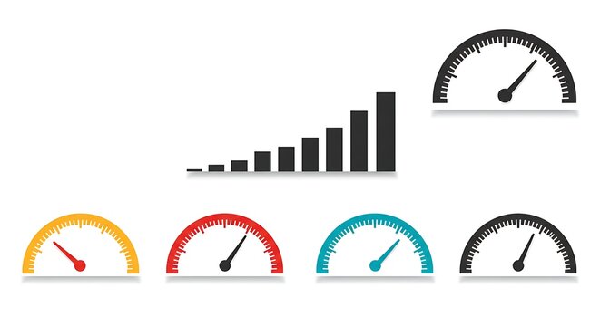 Set of speedometer icons and growing bar chart elements against white background