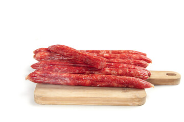 Traditional Cantonese Sweet Sausages Air-Dried Chinese Meat on Wooden Cutting Board