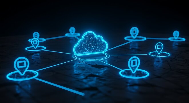 Networked cloud computing illustration with glowing digital connections