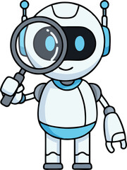 Cute robot is holding a magnifying glass isolatrd on transparent background