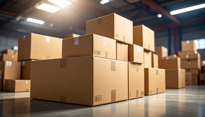 Sturdy cardboard boxes stacked in warehouse, illuminated by soft light, create organized and efficient storage atmosphere