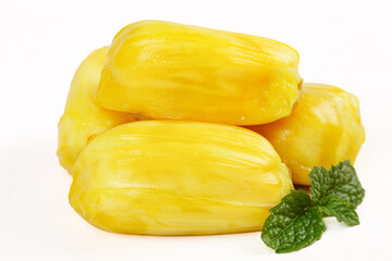 Fresh Golden Jackfruit Segments with Mint Leaves on White Background - Tropical Asian Fruit