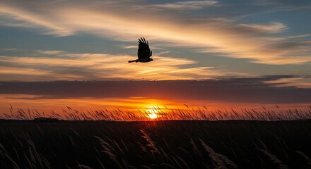 A bird of prey in silhouette soars across a dramatic sunset sky, with wispy clouds and a fiery sun setting over a field of tall grass
