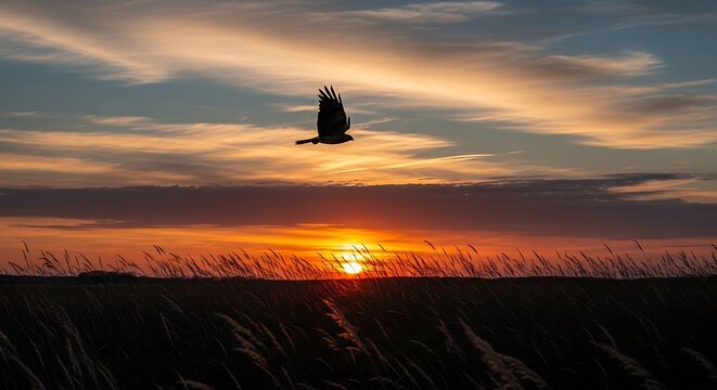 A bird of prey in silhouette soars across a dramatic sunset sky, with wispy clouds and a fiery sun setting over a field of tall grass - Powered by Adobe