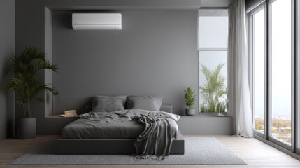 Modern Minimalist Bedroom with Sleek Design and Air Conditioning Unit in Stylish Gray Tones and Natural Light