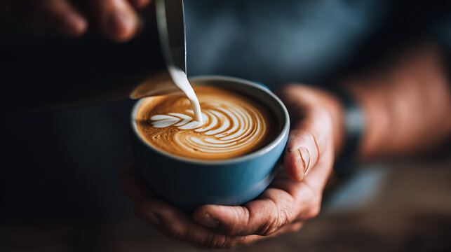A man is pouring milk into a coffee cup