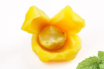 Fresh Vietnamese Red Pineapple Cut Open Showing Golden Honey Flesh and Core with Mint Garnish