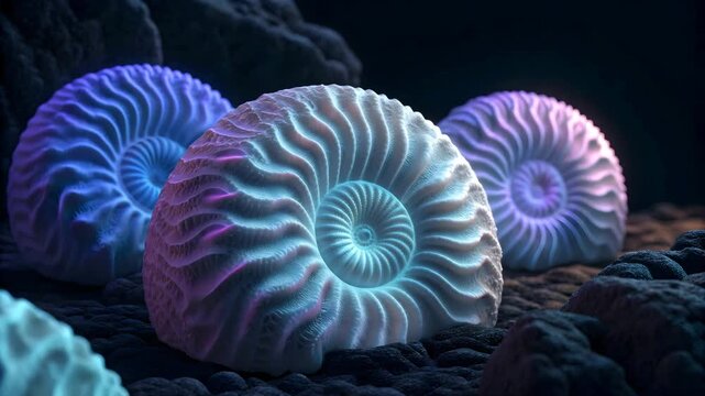 Illustration of three glowing ammonite fossils rest on a rocky surface, illuminated with vibrant blue and purple hues, evoking a sense of ancient mystery and wonder