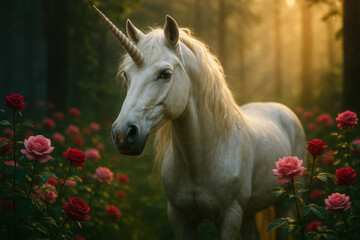 Obraz premium AI-Generated image, a majestic white unicorn stands gracefully among blooming roses in an enchanted forest