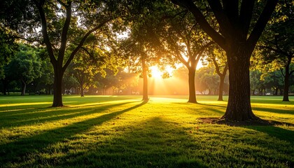 Fototapeta premium Lush parkland bathed in golden sunlight