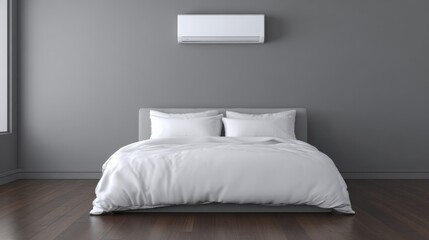 Modern Minimalist Bedroom with Air Conditioning and Cozy White Bedding on Wooden Floor in Contemporary Design