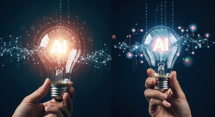  Futuristic brainstorm and innovation concept. Think outside the box with AI solutions. Business technology, automation, and marketing strategy. Abstract digital elements, binary codes,