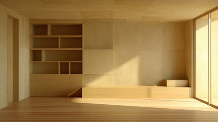 Minimalist Interior Design with Wooden Elements and Abundant Natural Light in Contemporary Room
