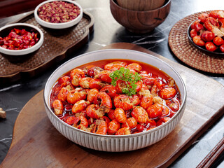 Qianjiang Spicy Crayfish with Yellow Tails - Traditional Chinese Seafood Dish with Fresh Lobsters in Red Sauce