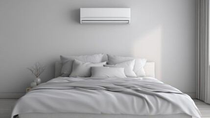 Modern and Minimalist Bedroom Design with Air Conditioning Unit on Neutral Grey Wall