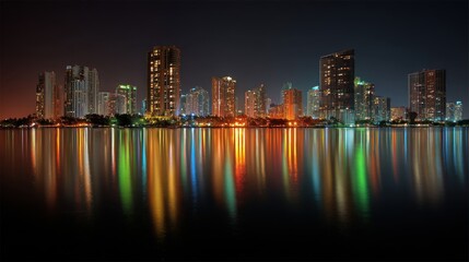Fototapeta premium Vibrant City Skyline Reflected in Water at Night with Colorful Lights and Modern Architecture