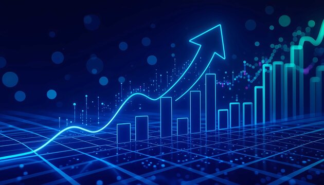 A bold arrow signifies market success in the realm of modern finance. The interconnected network processes data instantly, showcasing the peak potential of modern technology