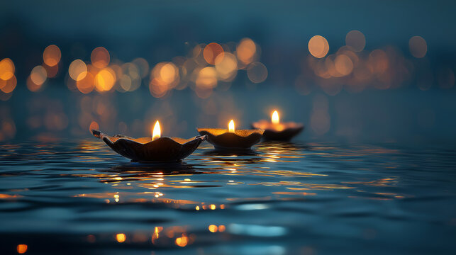 Floating diya candles in water for diwali festival celebration india hinduism tradition - Powered by Adobe