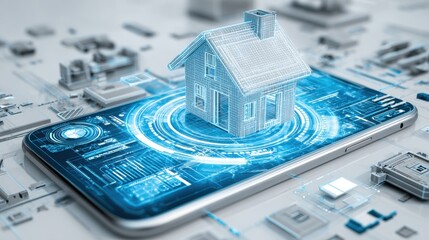 Digital Technology Concept of Smart Home Design on Smartphone with 3D House Model and Cityscape Background