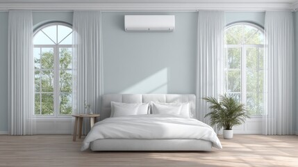 Modern minimalistic bedroom interior with large windows and soft natural light, elegant decor and comfortable furnishings