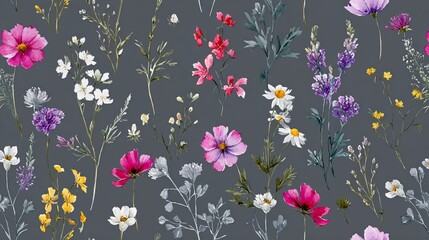 Watercolor wildflower botanical elements scattered on dark grey background