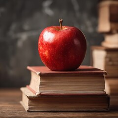 A vibrant red apple on a stack of old vintage books, representing knowledge and education