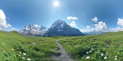 Panoramic mountain landscape with a path leading through a summer meadow under a clear sunny sky