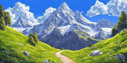 Wide panoramic view of a majestic snow-capped mountain with a winding path in a green valley