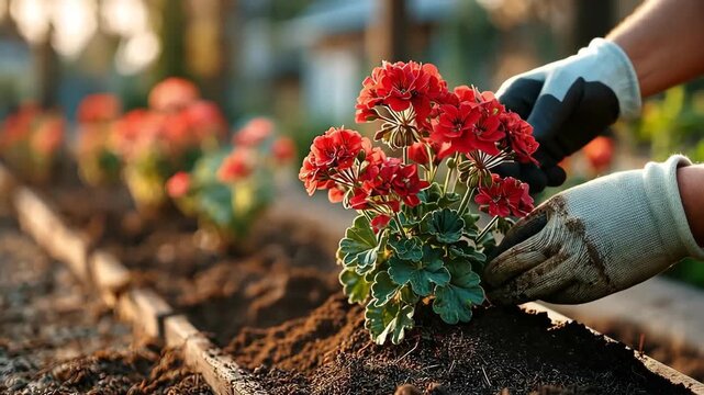 Gardener planting vibrant red geraniums in a garden bed, wearing gloves.