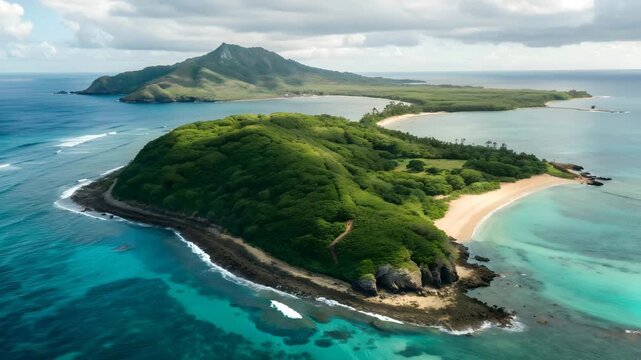 Illustration of an aerial view captures two lush, tropical islands surrounded by turquoise waters, connected by a sandy isthmus under a partly cloudy sky