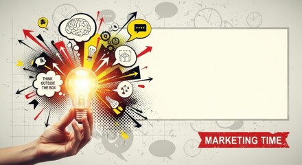 Fototapeta premium Trendy Halftone Collage Hand holds lightbulb. Creative mind or brainstorm. Create creative idea concept. Business solutions. Think outside the box. Marketing time. with empty large copy space 