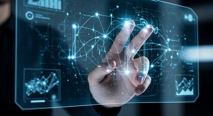 Human hand interacting with digital interface showing global network and data graphs, concept for futuristic technology, data analysis, and global communication