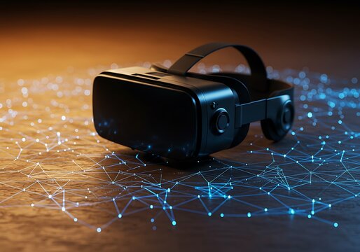 A black virtual reality headset rests on a wooden surface with a network of blue glowing dots and lines connecting around it.