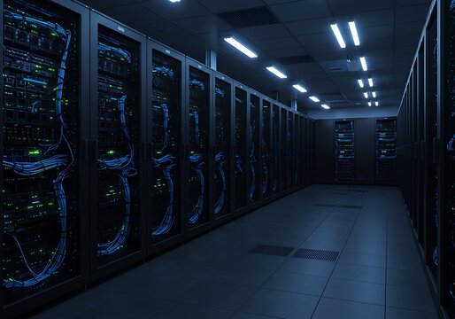 A server room filled with rows of computer servers, cables, and blinking lights, showcasing data storage and processing infrastructure.