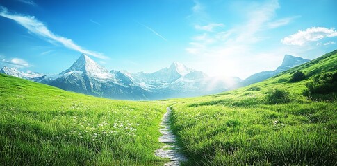 Scenic path through a lush green meadow towards majestic mountains under a bright sunny sky