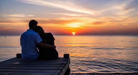 Silhouette of a couple embracing while sitting on a dock at sunset over the ocean, concept for romantic getaways, celebrating togetherness and peaceful contemplation