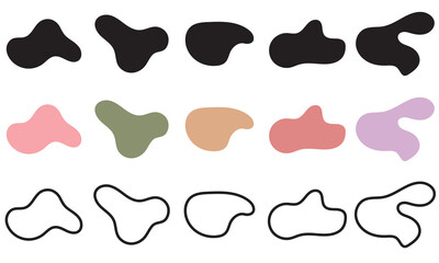 Abstract organic blob shape collection.  Organic shape round form . Abstract organic blob shapes in black, colored, and outlined variations, useful for modern design, backgrounds, or creative layouts.