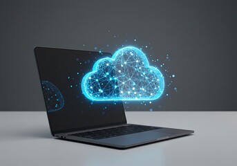 A glowing digital cloud icon hovers above an open laptop, symbolizing cloud computing and data connectivity.